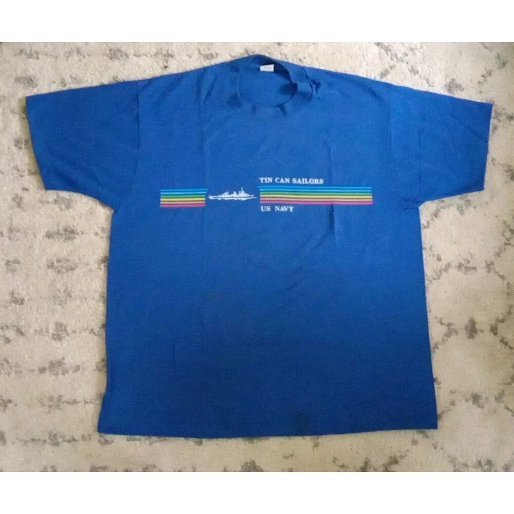 Vintage US Navy Tin Can Saylor T-shirt Blue Single Stitch Velva Sheen Made USA
